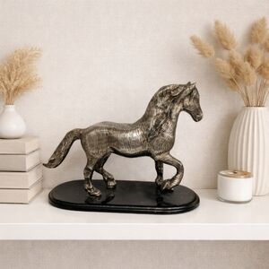 Silver Horse Statue Sculpture on Black Base | Equestrian Home Decor | Vintage